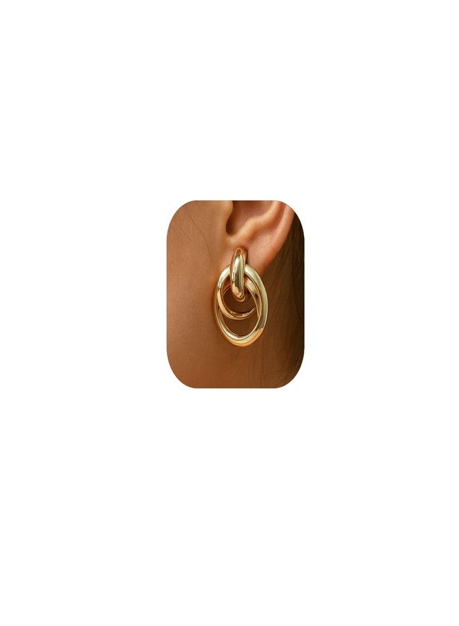 ZENCHEER 14K Gold Knot Link Clip On Earrings for Women, Chunky Statement Drop Dangle Clips Earrings Hypoallergenic for Non Pierced Ears Jewelry Gifts - Image 1